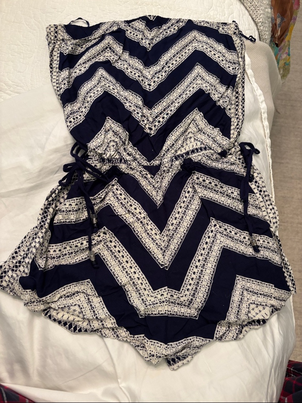 Angie Navy and White Chevron Swim Coverup Romper